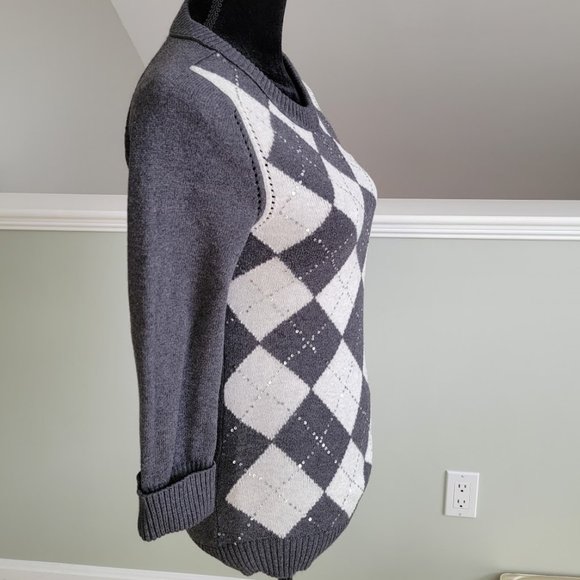Banana Republic Silver Sequins Argyle Grey Sweater Size Small - Picture 2 of 7